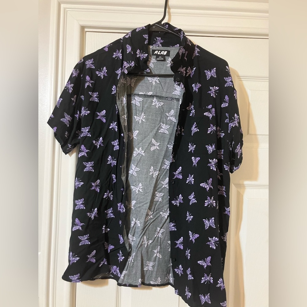 Black button up with purple butterfly pattern